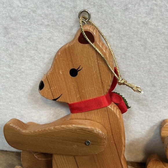 Vintage 2 Teddy Bear Wood Christmas Ornament Moving Arms Legs - Picture 8 of 9